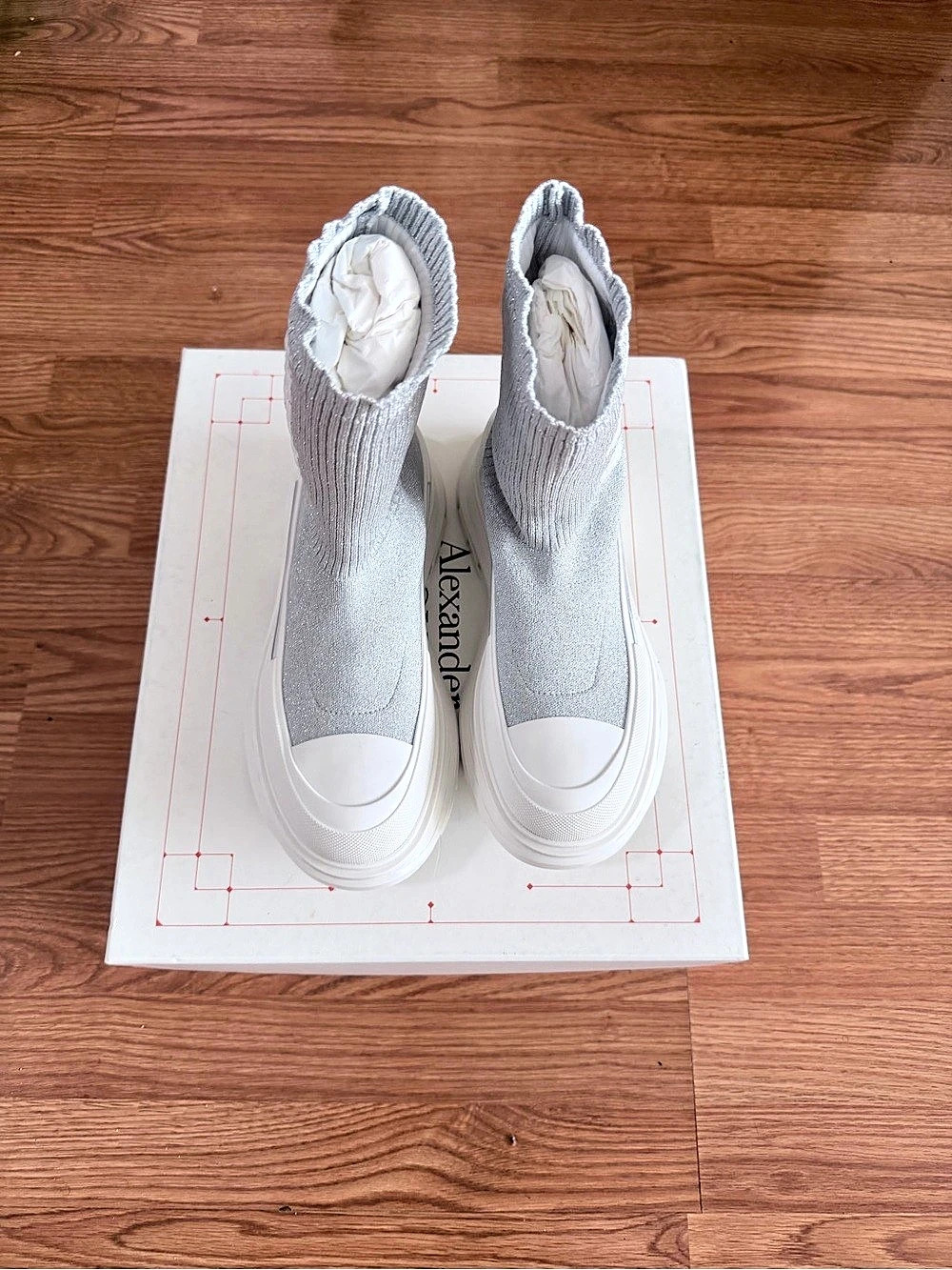 Alexander McQueen Graffiti Knit Tread Slick Boot Sneakers Gray & White
